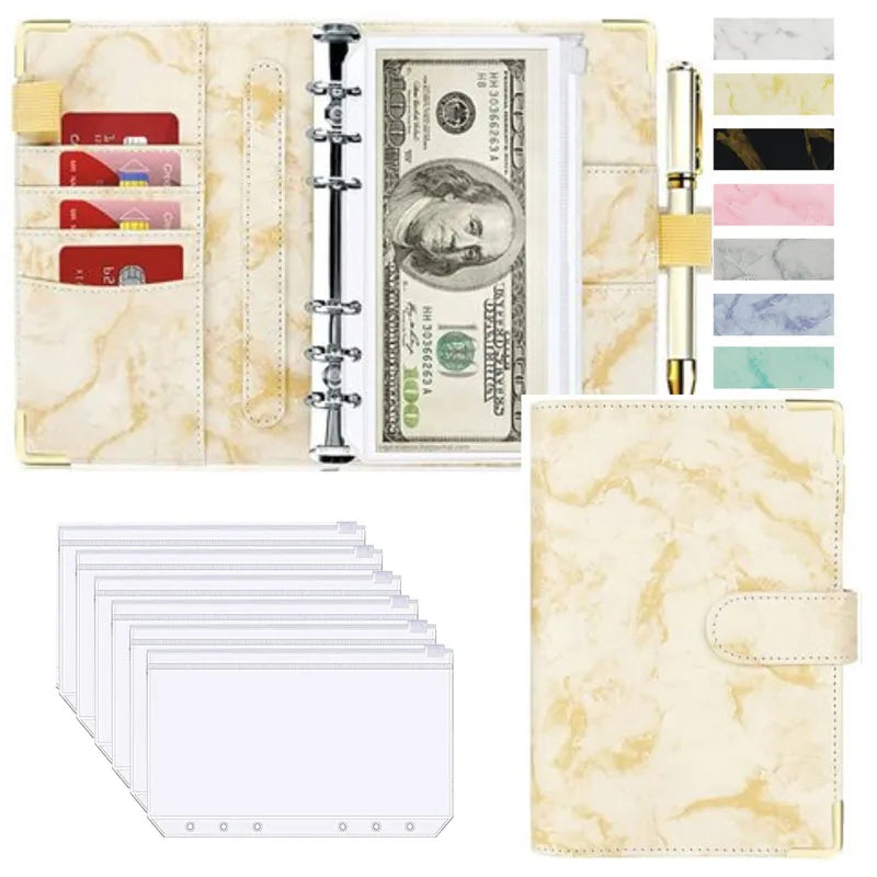 A6 PU Leather Budget Planner – Marble Notebook & Money Saving Organizer for Office, School & Personal Finance