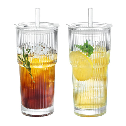 1/2pcs 600ml Stripe Glasbecher mit Deckel und Stroh – Transparente Saft, Wasser und Iced Coffee Trinkglas