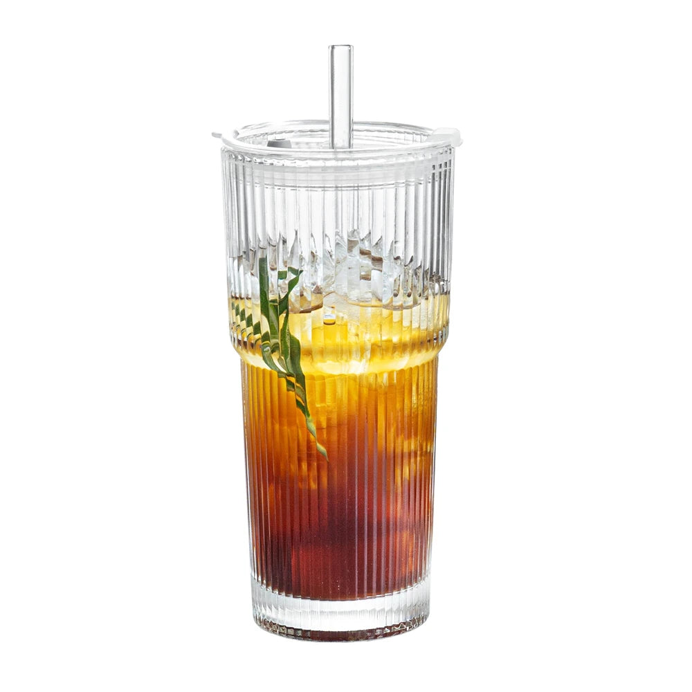 1/2pcs 600ml Stripe Glasbecher mit Deckel und Stroh – Transparente Saft, Wasser und Iced Coffee Trinkglas