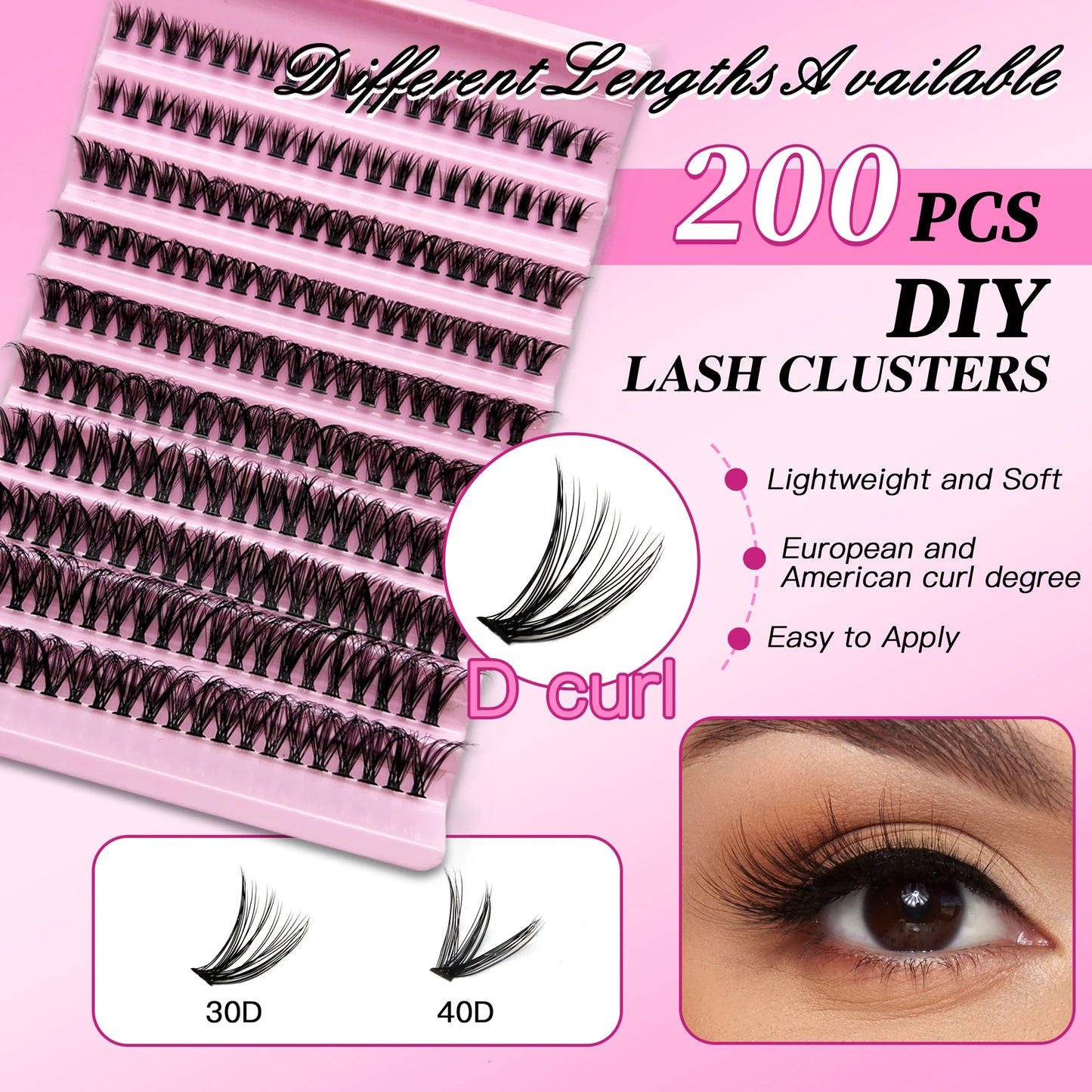 DIY Eyelash Extension Kit – 200PCS Lash Cluster mit Lash Bond & Seal, professionelle Make-up-Tools zum Kleben von Lashes