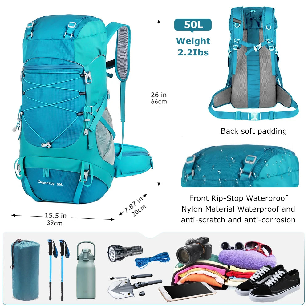 WESTTUNE 50L Wasserdichter Wanderrucksack mit Regenschutz – Multifunktionale Outdoor Travel & Mountaineering Tasche