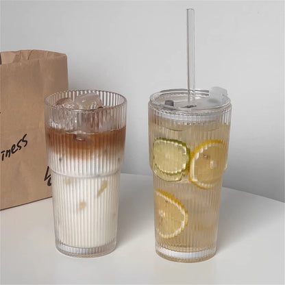 1/2pcs 600ml Stripe Glasbecher mit Deckel und Stroh – Transparente Saft, Wasser und Iced Coffee Trinkglas