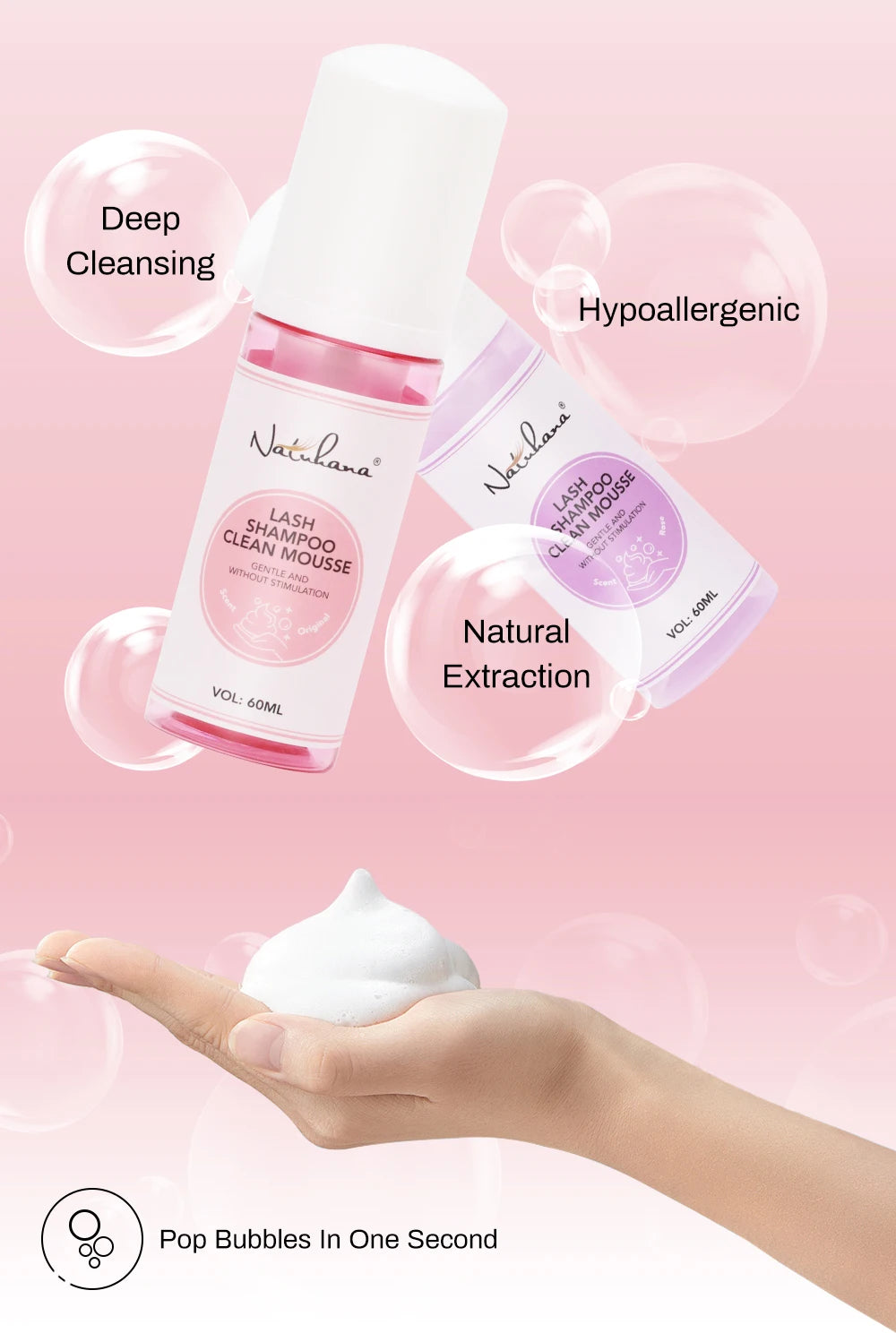 Natuhana 60ml Wimpernverlängerung Shampoo Mousse – Lash Reinigungsschaum für falsche Wimpern, sanfte & nicht-reizende Make-up-Tool