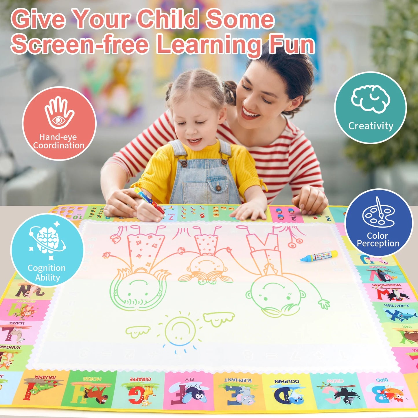 100x80CM Montessori Magic Drawing Board – wiederverwendbare Wasser-Doodle-Matte für Kinder pädagogische Kunst & Pen Control Training